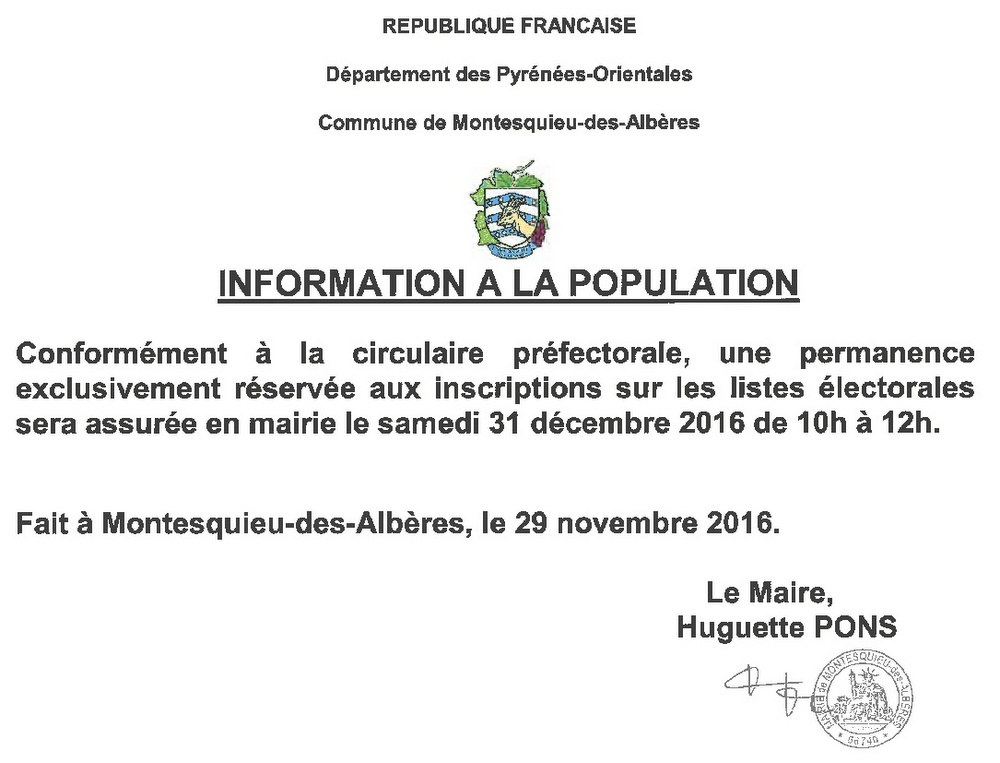 permanence pour inscription sur les liste électorales